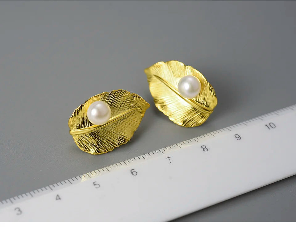 JE-012-UU】Lotus Fun 18K Gold Natural Pearl Unusual New Leaf  Stud Earrings for Women Original Real 925 Sterling Silver Luxury Fine Jewelry