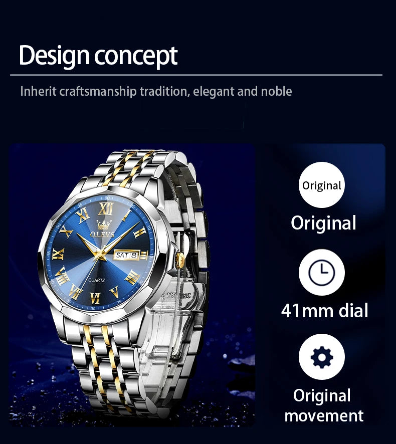 MW-009-UU】OLEVS Business Male Wristwatch Top Brand Luxury Waterproof Stainless Steel Watch For Men Dual Calendar Rhombus