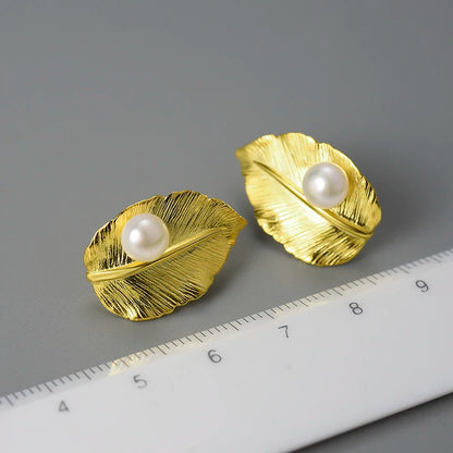 JE-012-UU】Lotus Fun 18K Gold Natural Pearl Unusual New Leaf  Stud Earrings for Women Original Real 925 Sterling Silver Luxury Fine Jewelry