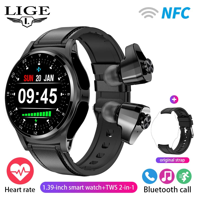 WM-A024-UUJ】LIGE NFC Smart Watch Men Women Smart Watch 2023 TWS Bluetooth Earphone Call Music Health Monitor 400mAh Sport Fitness