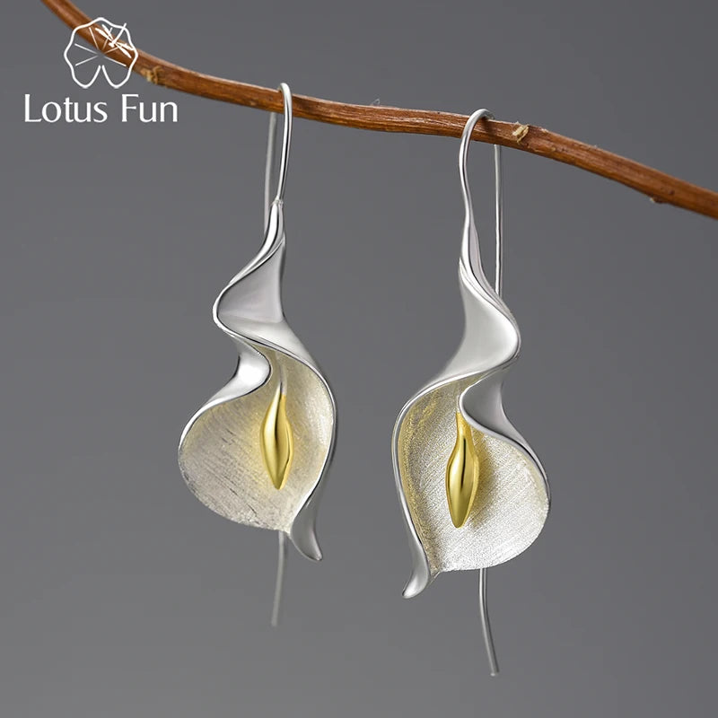 JE-001-UU】Lotus Fun 18K ゴールドロングハンギング新しいオランダカイウユリフラワーダングルイヤリング女性用リアル 925 スターリングシルバー高級ファインジュエリー