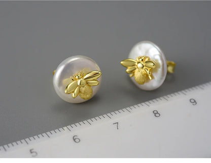 JE-021-UU】Lotus Fun 珍しいヴィンテージナチュラルバロックパール 18K ゴールド蜂スタッドピアス女性用リアル 925 スターリングシルバーパーティーファインジュエリー