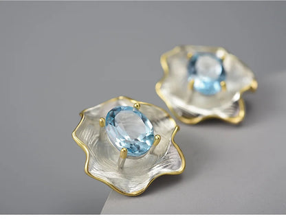 JE-019-UU】Lotus Fun Natural Topaz Gemstone Curled Leaf Stud Earrings for Women 925 Sterling Silver Vintage Baroque Style Luxury Jewelry