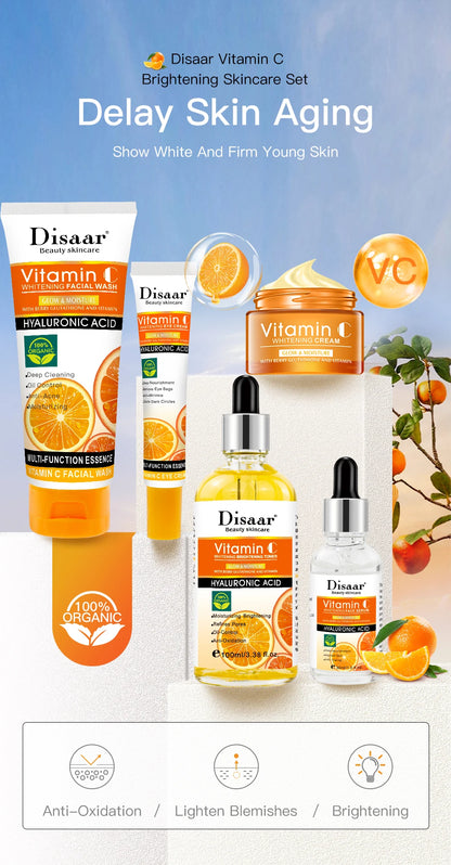 BS-006-UU】Disaar Vitamin C Facial Whitening Care Set Face Cleanser Fade Dark Circles Eye Cream Essence Lighten Spots VC Brightening Care