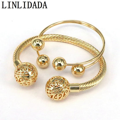 JB-003-UU】(5 Pieces)18K Gold Plated Copper Charm Ball Cuff Bangle Women Bracelet Stackable Daily Fashion Jewelry