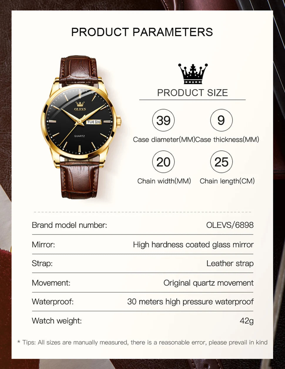 MW-012-UU】OLEVS Men`s Quartz Watches Brand Luxury Casual Fashion Men's Watch For Gifts Breathable leather Waterproof