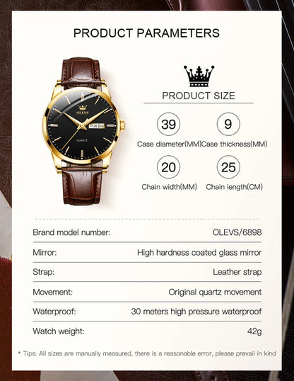 MW-012-UU】OLEVS Men`s Quartz Watches Brand Luxury Casual Fashion Men's Watch For Gifts Breathable leather Waterproof