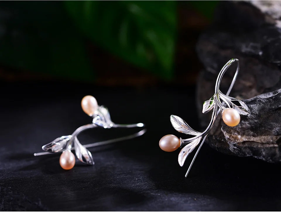 JE-022-UU】Lotus Fun Real 925 Sterling Silver Natural Pearl Earrings Fine Jewelry Waterdrops from the Olive Leaves Drop Earrings for Women