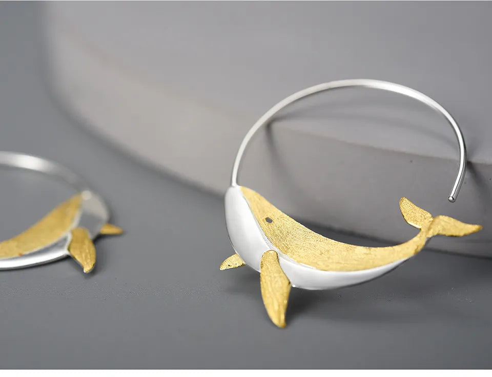 JE-003-UU】Lotus Fun 18K Gold Personality Whale Round Hoop Earrings for Women Real 925 Sterling Silver Original Animal Fashion Fine Jewelry