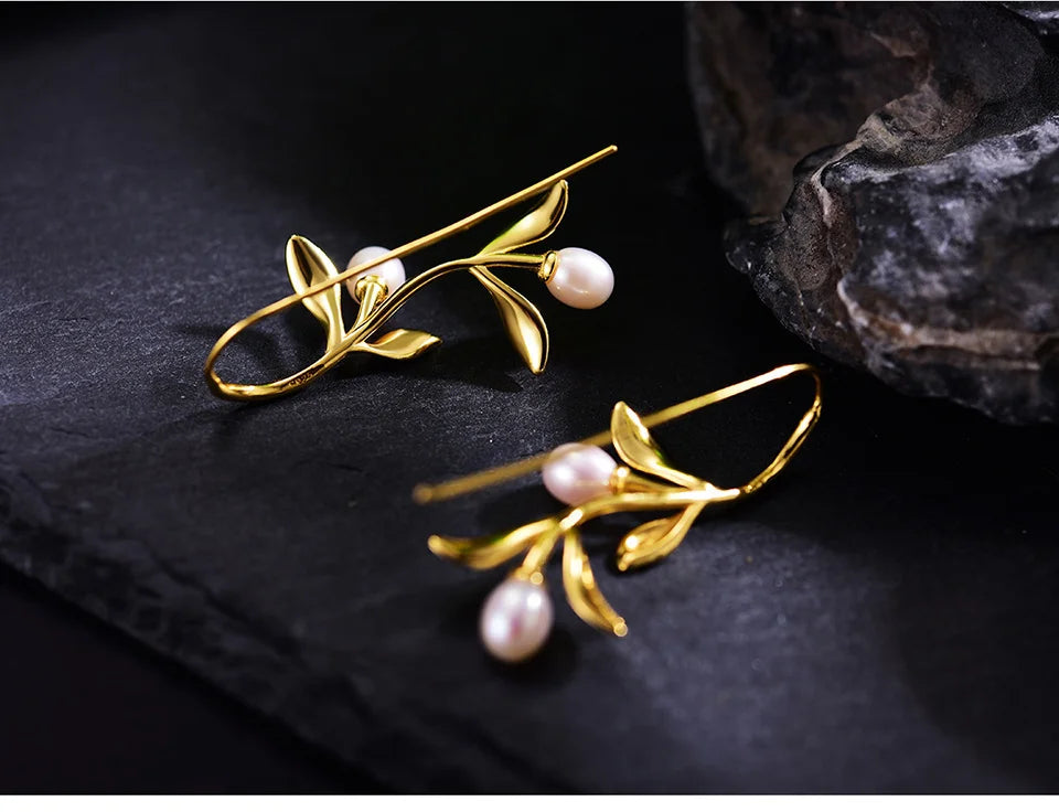 JE-022-UU】Lotus Fun Real 925 Sterling Silver Natural Pearl Earrings Fine Jewelry Waterdrops from the Olive Leaves Drop Earrings for Women