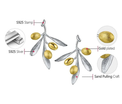 JE-009-UU】蓮の楽しいオリーブの葉の枝の果物珍しいイヤリング女性用リアル925スターリングシルバーオリジナルステートメントウェディングファインジュエリー