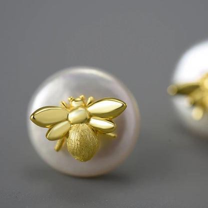 JE-021-UU】Lotus Fun Unusual Vintage Natural Baroque Pearl 18K Gold Bee Stud Earrings for Women Real 925 Sterling Silver Party Fine Jewelry