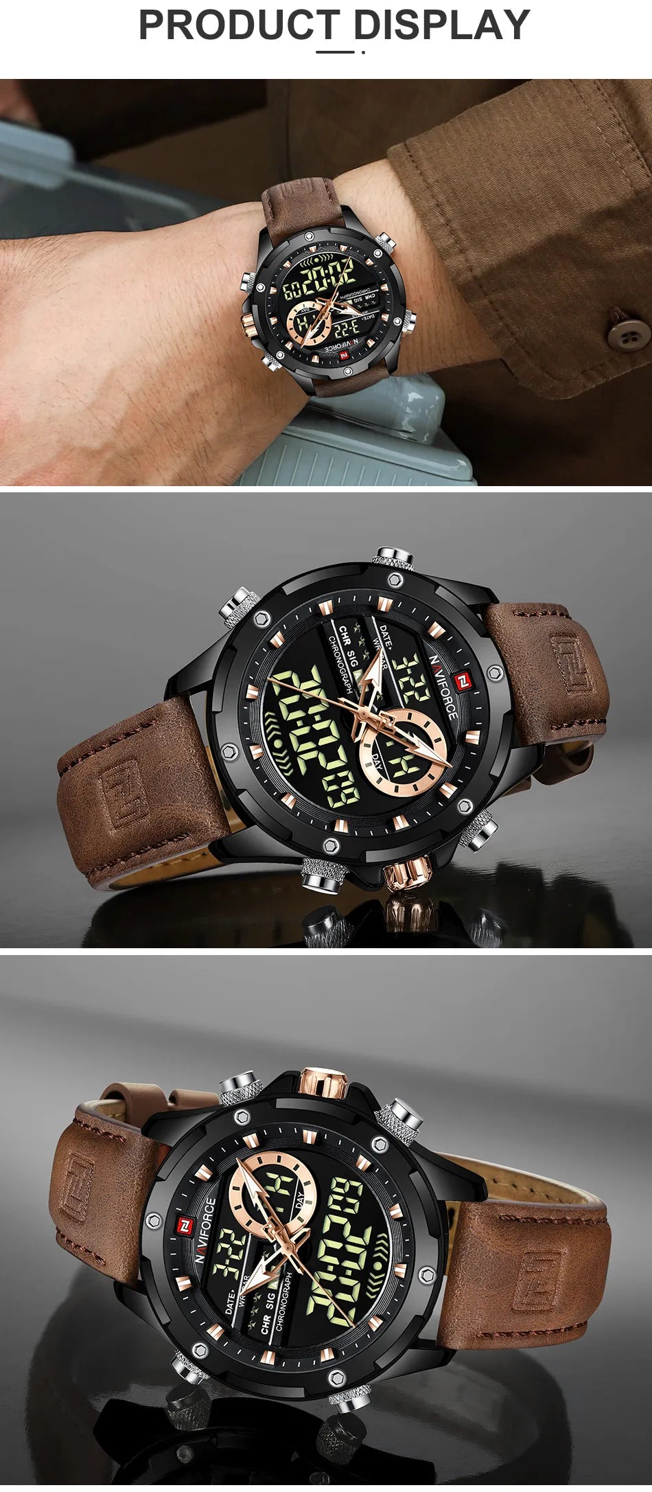 MW-004-UU】NAVIFORCE Digital Men Military Watch Waterproof Wristwatch LED Quartz Sport Male Big Watch