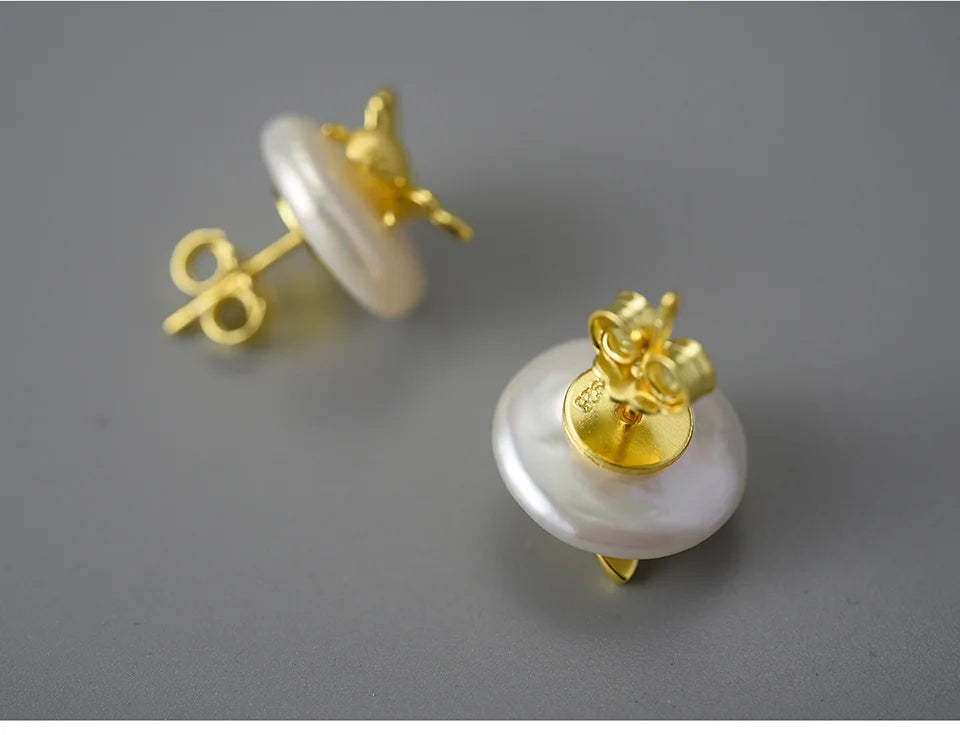 JE-021-UU】Lotus Fun Unusual Vintage Natural Baroque Pearl 18K Gold Bee Stud Earrings for Women Real 925 Sterling Silver Party Fine Jewelry