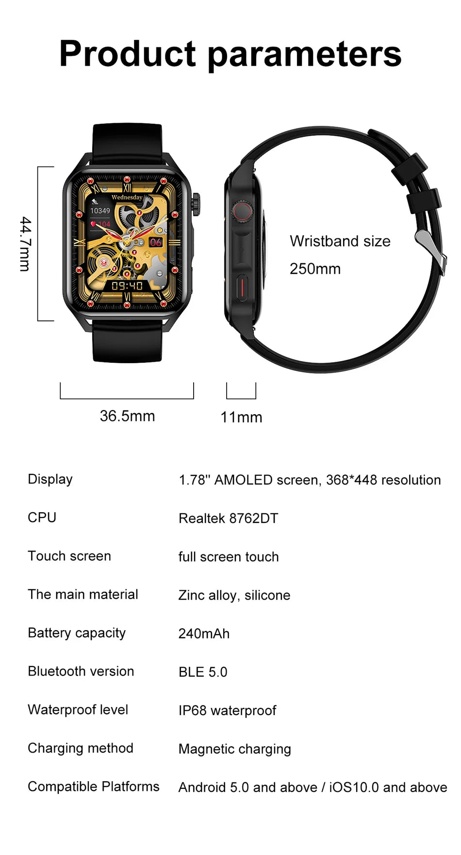 WM-018-UU】スマートウォッチ メンズ AMOLED HDスクリーン Bluetooth通話 IP68 防水 心拍数 音楽 スポーツ レディース Android IOS