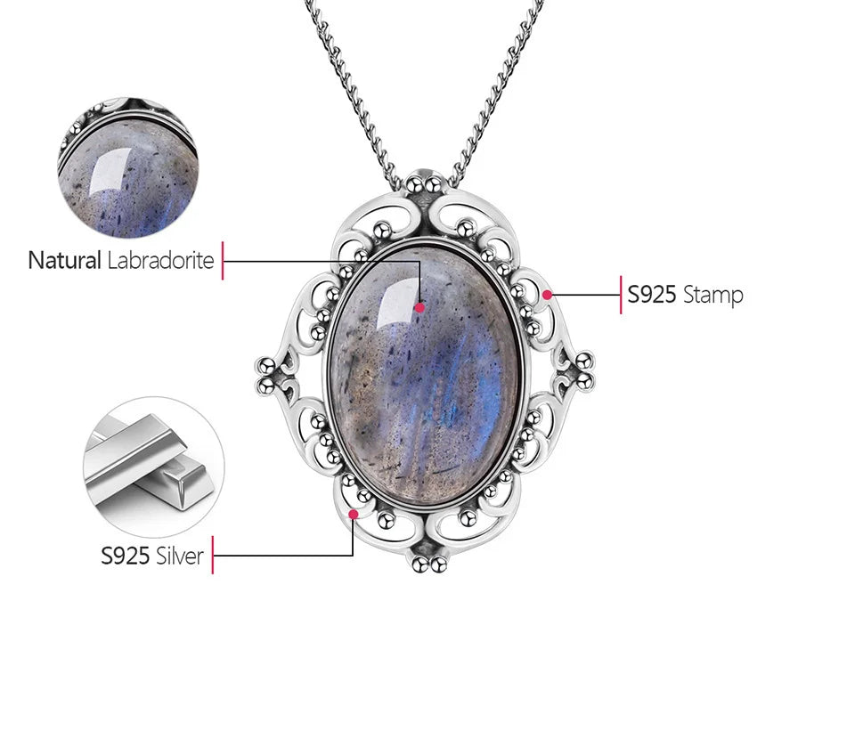 JN-014-UU】Lotus Fun Real 925 Sterling Silver Natural Labradorite Stone Handmade Fine Jewelry Vintage Pendant without Necklace