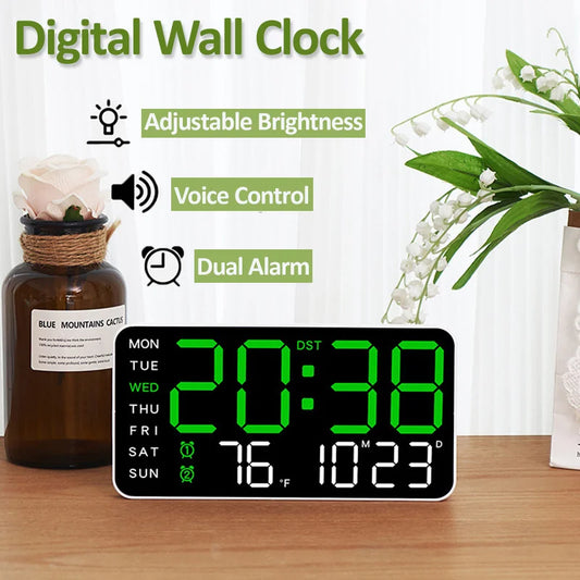 WT-002-UU-1】LED Digital Wall Clocks Voice Control Table Clock 12/24H Temp Date Week Display Adjustable Brightness Alarm Clock