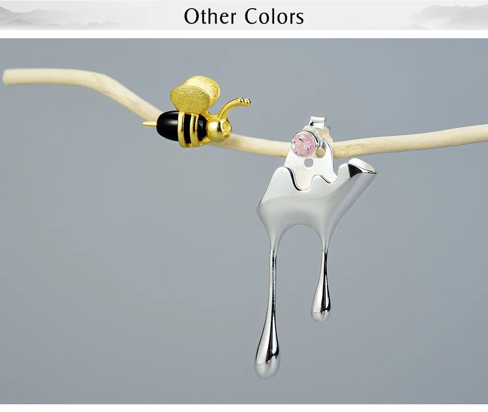 JE-002-UU】Lotus Fun Real 925 Sterling Silver Handmade Fine Jewelry 18K Gold Bee and Dripping Honey Asymmetric Stud Earrings