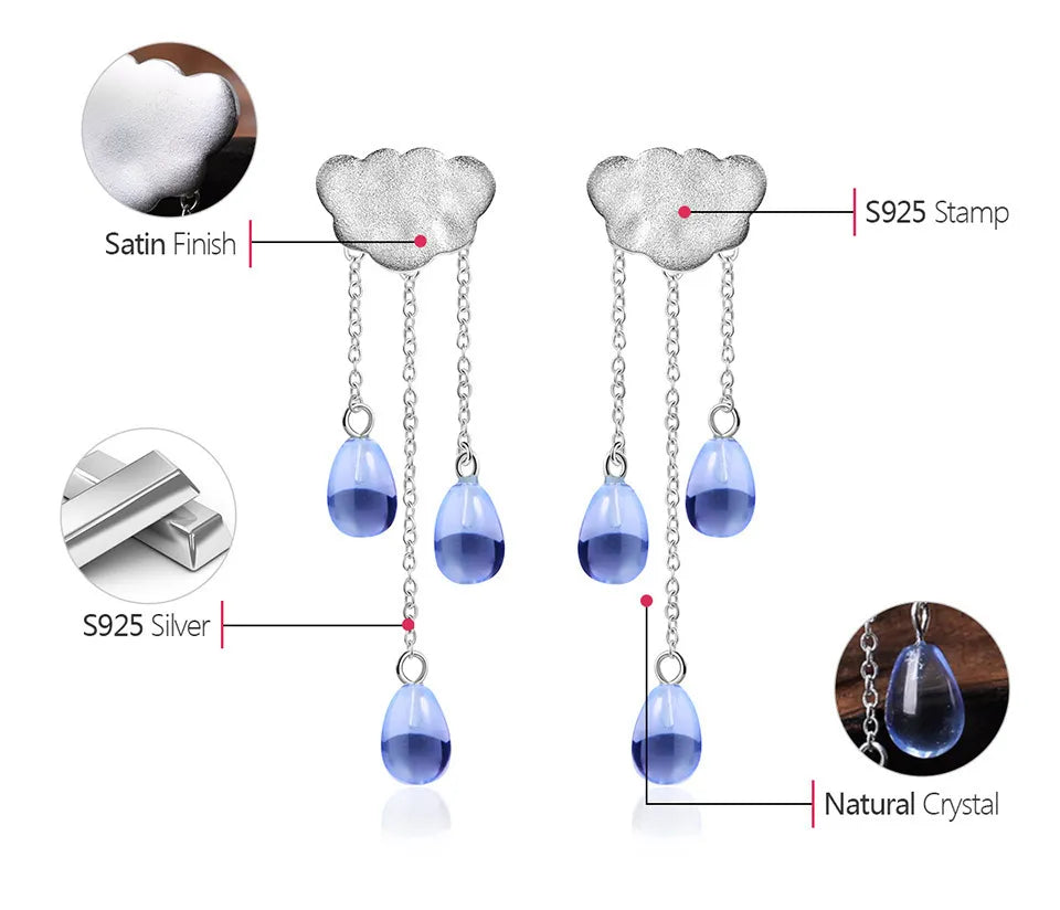 JE-007-UU】Lotus Fun Real 925 Sterling Silver Natural Crystal Gems Fine Jewelry Ethnic Cloud Long Tassel Drop Earrings