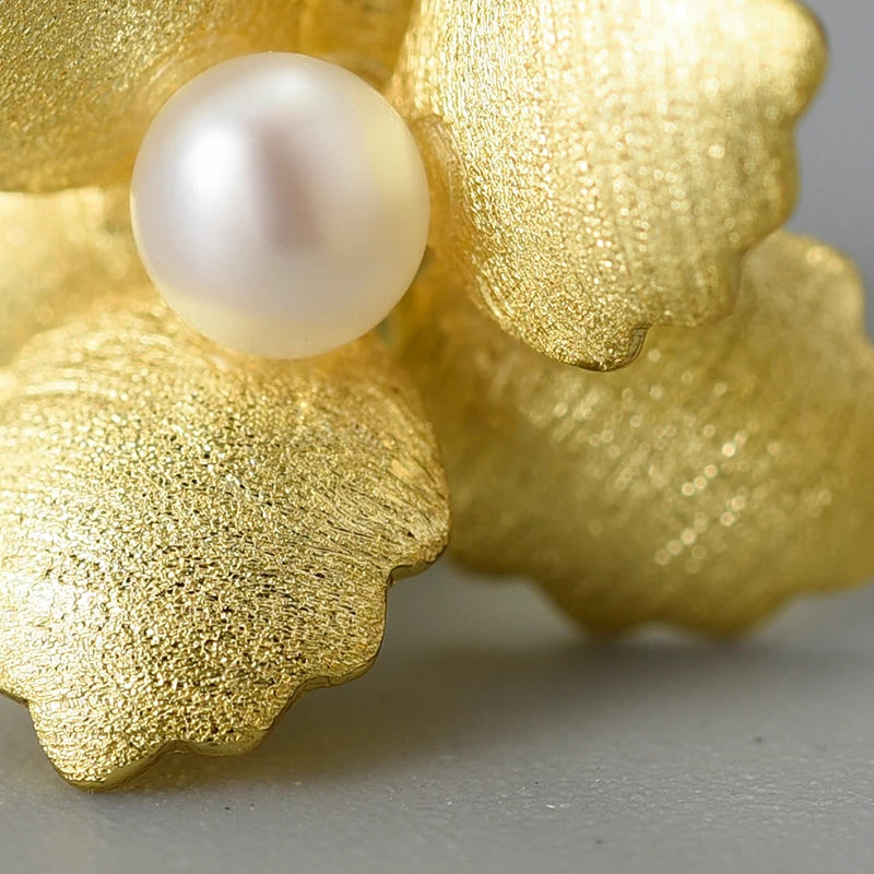 JE-016-UU】Lotus Fun Original 18K Gold Natural Pearl Delicate Begonia Flower Stud Earrings for Women 925 Sterling Silver Fashion Jewelry