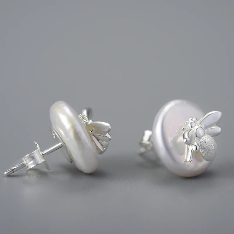 JE-021-UU】Lotus Fun Unusual Vintage Natural Baroque Pearl 18K Gold Bee Stud Earrings for Women Real 925 Sterling Silver Party Fine Jewelry