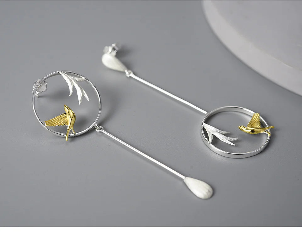 JE-005-UU】Lotus Fun Real 925 Sterling Silver Swallow and Willow in Spring Wind Long Asymmetrical Dangle Earrings for Women Fine Jewelry