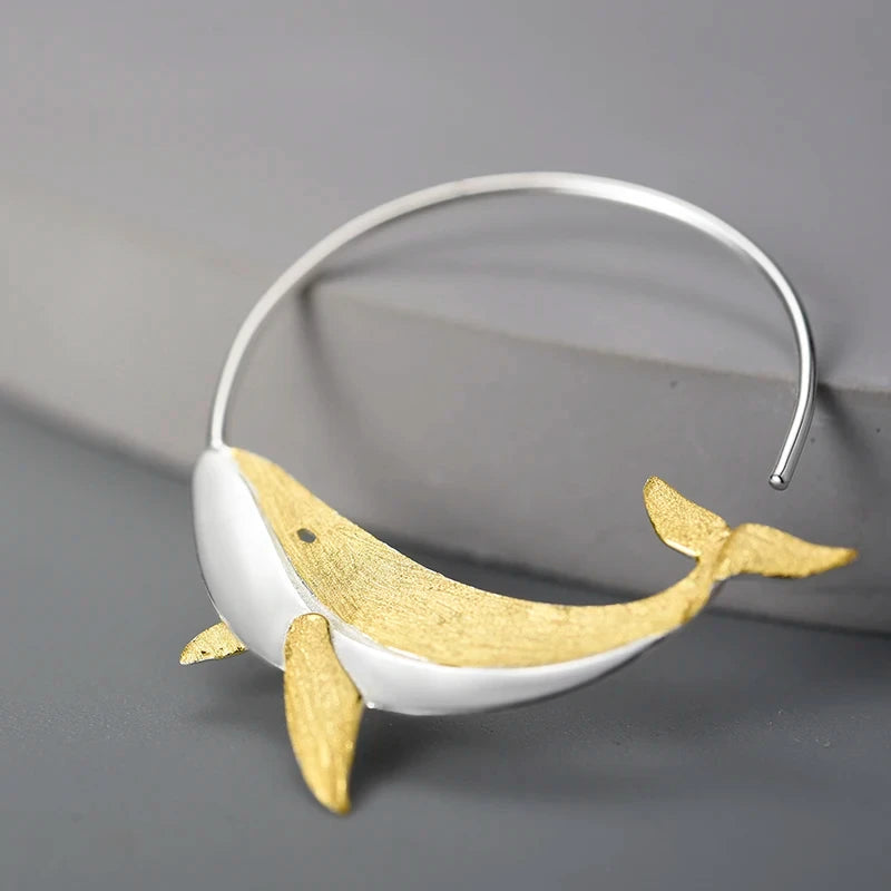 JE-003-UU】Lotus Fun 18K Gold Personality Whale Round Hoop Earrings for Women Real 925 Sterling Silver Original Animal Fashion Fine Jewelry