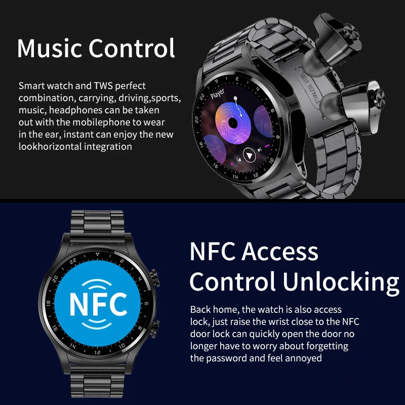 WM-A024-UUJ】LIGE NFC Smart Watch Men Women Smart Watch 2023 TWS Bluetooth Earphone Call Music Health Monitor 400mAh Sport Fitness