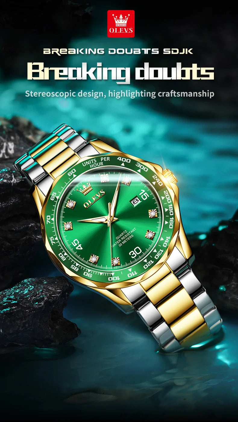 MW-007-UU】OLEVS Golden Green Quartz Watch for Men Luxury Brand Diving Waterproof Stainless steel Rubber Strap Men's Watches