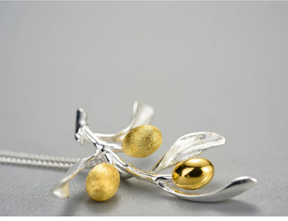 JN-003-UU】Lotus Fun Luxury Olive Leaves Branch Fruits Pendant Fashion Real 925 Sterling Silver Necklace for Women Vintage Fine Jewelry