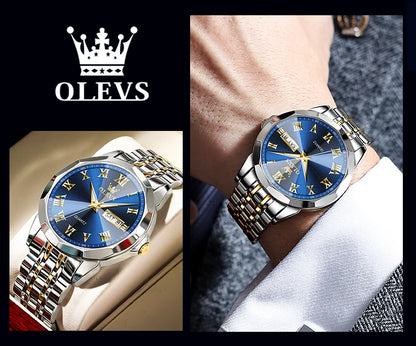 MW-009-UU】OLEVS Business Male Wristwatch Top Brand Luxury Waterproof Stainless Steel Watch For Men Dual Calendar Rhombus