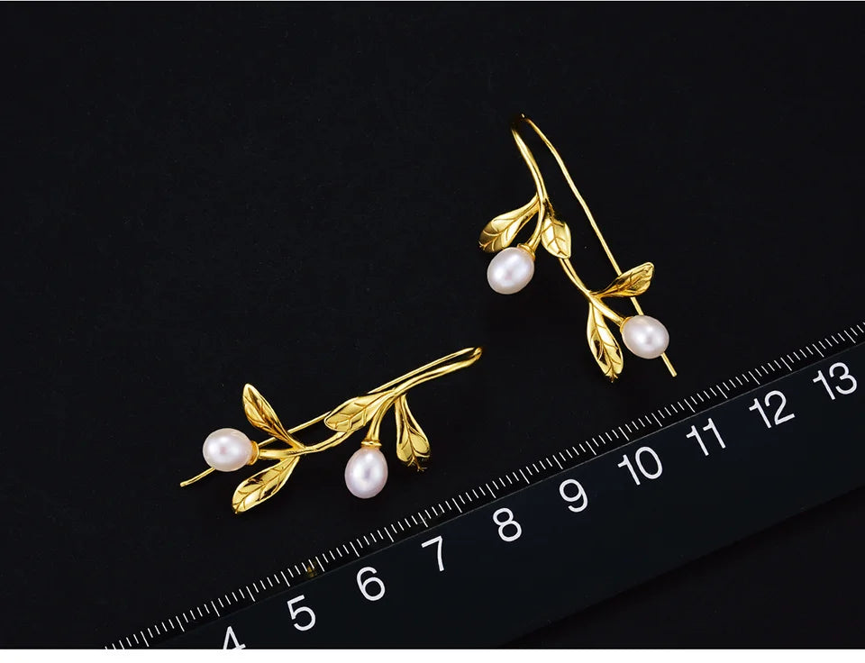 JE-022-UU】Lotus Fun Real 925 Sterling Silver Natural Pearl Earrings Fine Jewelry Waterdrops from the Olive Leaves Drop Earrings for Women