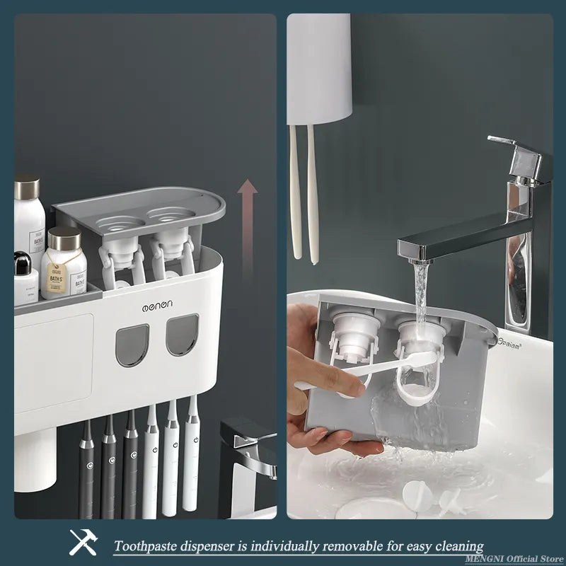 BB-001-UU】MENGNI-Magnetic Adsorption Inverted Toothbrush Holder Wall -Automatic Toothpaste Squeezer Storage Rack Bathroom Accessories