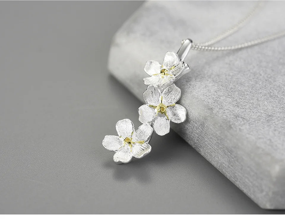 JN-002-UU】Lotus Fun Real 925 Sterling Silver Long Elegant Forget-me-not Flower Pendant Fashion Jewelry Chains and Necklace for Women Gift