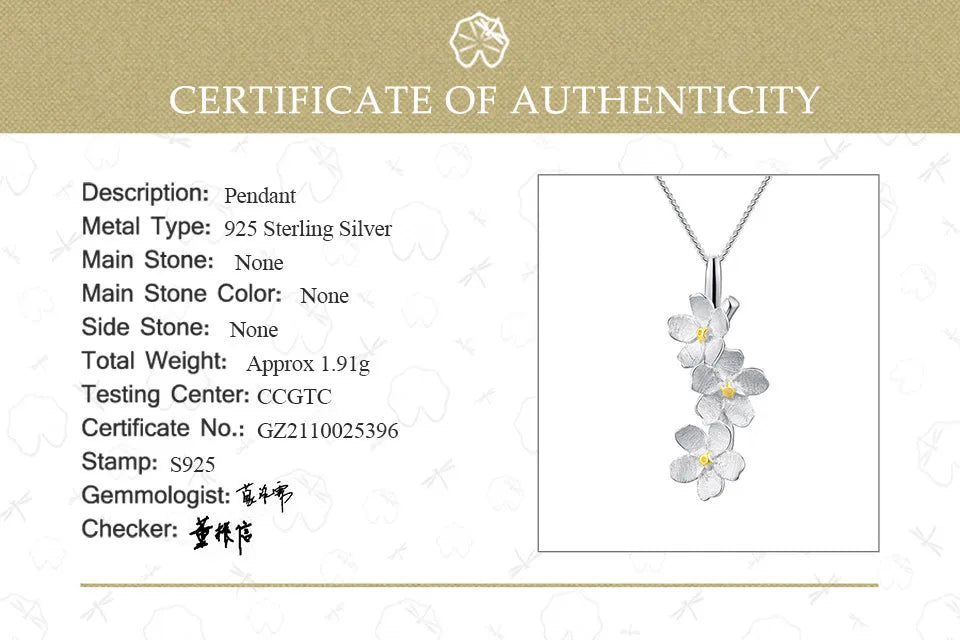 JN-002-UU】Lotus Fun Real 925 Sterling Silver Long Elegant Forget-me-not Flower Pendant Fashion Jewelry Chains and Necklace for Women Gift