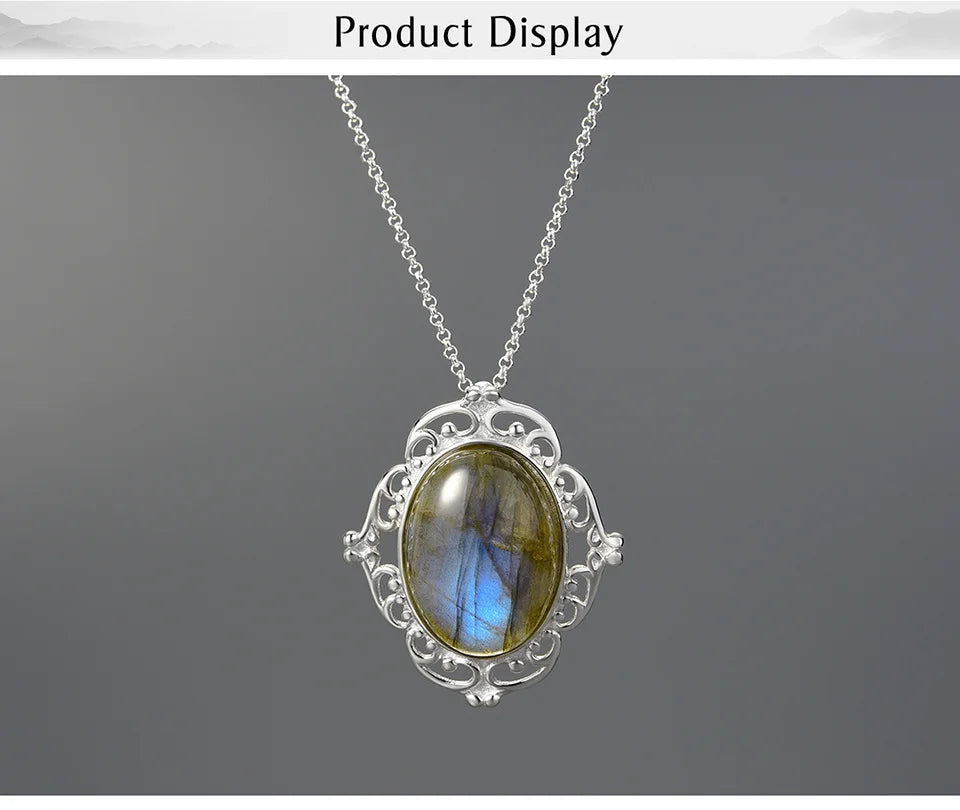 JN-014-UU】Lotus Fun Real 925 Sterling Silver Natural Labradorite Stone Handmade Fine Jewelry Vintage Pendant without Necklace