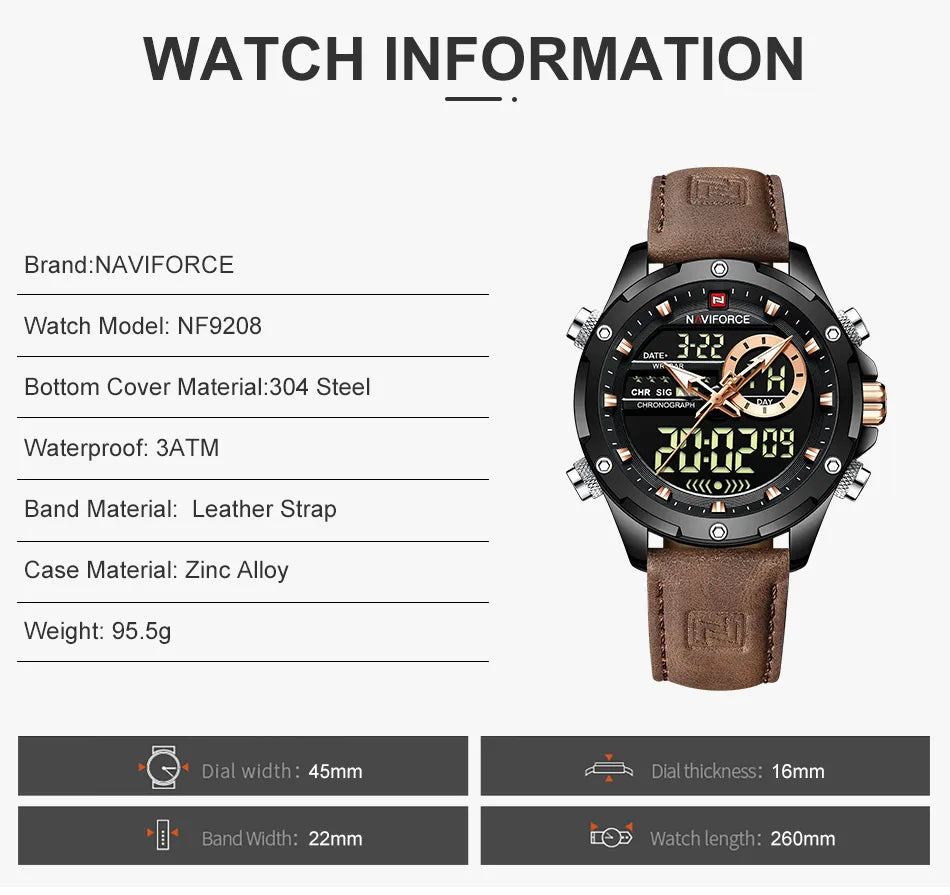 MW-004-UU】NAVIFORCE Digital Men Military Watch Waterproof Wristwatch LED Quartz Sport Male Big Watch