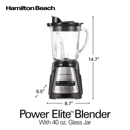 Hamilton Beach Power Elite Wave Action Blender For Shakes and Smoothies, Puree, Crush Ice, 40 Oz Glass Jar, 12 Functions, Stainless Steel Ice Sabre Blades, 700 Watts, Black (58148A)