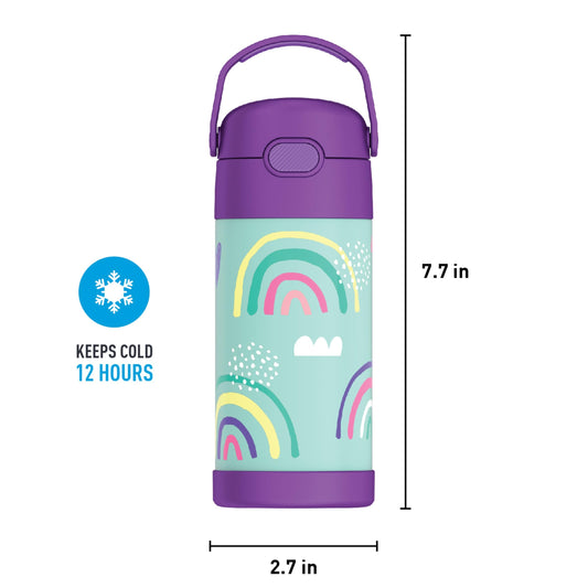 THERMOS FUNTAINER 12 Ounce Stainless Steel Vacuum Insulated Kids Straw Bottle, Rainbows