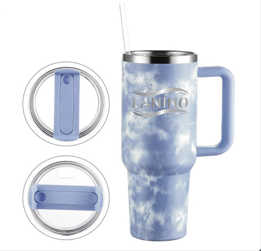 Lanino Travel Mug 40 oz Tumbler with Handle and Straw Lid Insulated Cup Premium Stainless Steel Water Bottle Cupholder Friendly Gifts Collection Optimal Hot & cold Beverage (M-001-Blue)