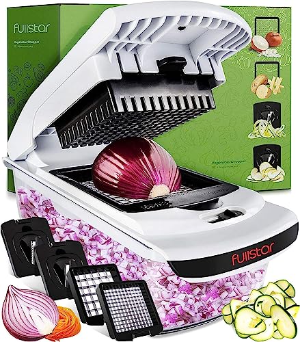 Fullstar Vegetable Chopper - Spiralizer Vegetable Slicer - Onion Chopper with Container - Pro Food Chopper - Slicer Dicer Cutter - (4 in 1, White)