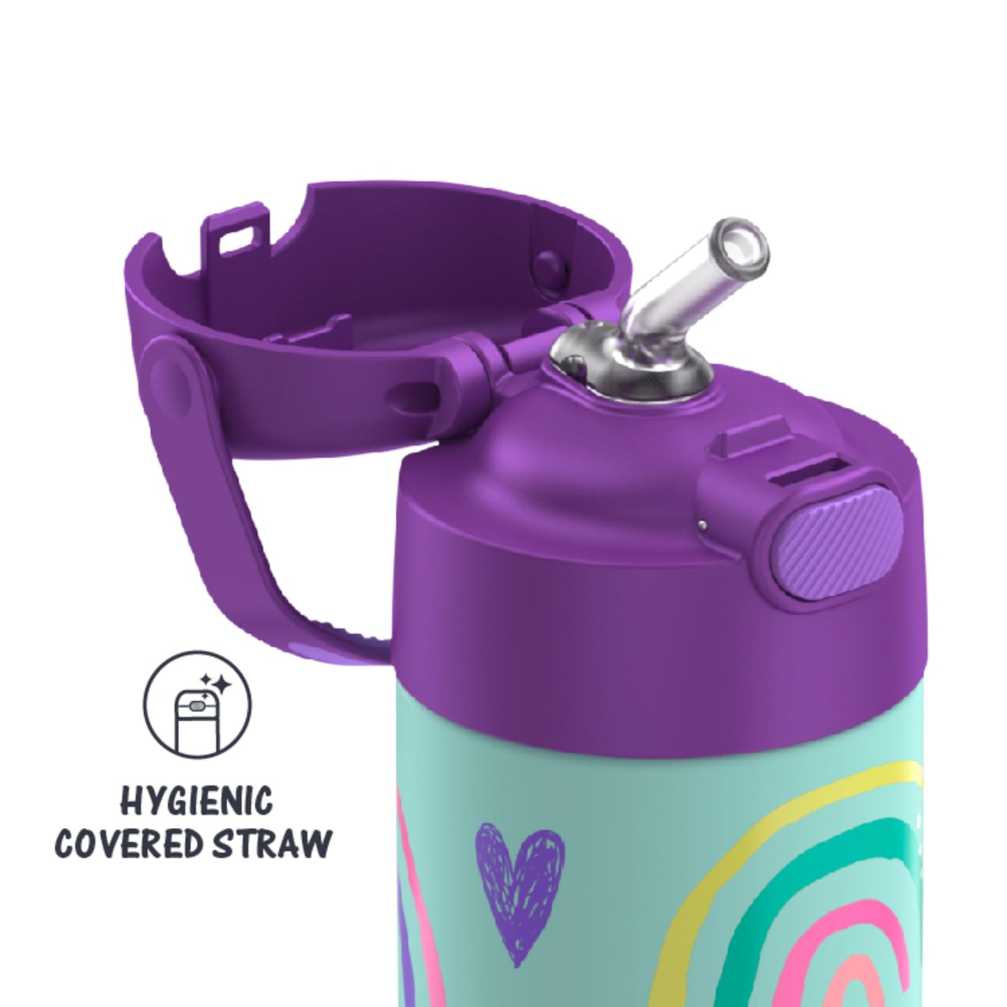 THERMOS FUNTAINER 12 Ounce Stainless Steel Vacuum Insulated Kids Straw Bottle, Rainbows