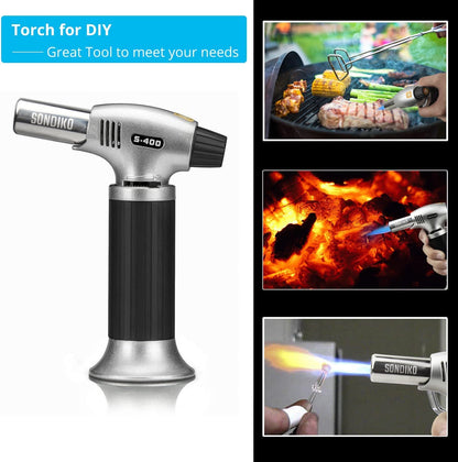 Sondiko Butane Torch S400, Refillable Kitchen Lighter, Fit All Butane Tanks Blow Torch with Safety Lock and Adjustable Flame for Desserts, Creme Brulee, and Baking—Butane Gas Is Not Included