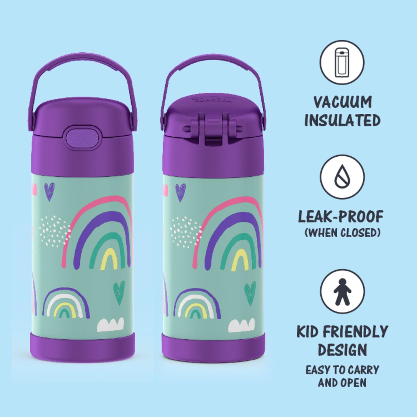 THERMOS FUNTAINER 12 Ounce Stainless Steel Vacuum Insulated Kids Straw Bottle, Rainbows