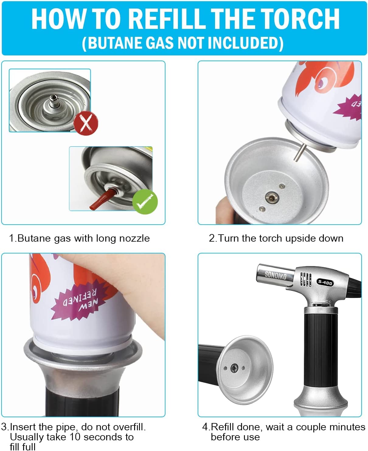 Sondiko Butane Torch S400, Refillable Kitchen Lighter, Fit All Butane Tanks Blow Torch with Safety Lock and Adjustable Flame for Desserts, Creme Brulee, and Baking—Butane Gas Is Not Included