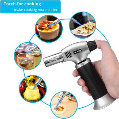 Sondiko Butane Torch S400, Refillable Kitchen Lighter, Fit All Butane Tanks Blow Torch with Safety Lock and Adjustable Flame for Desserts, Creme Brulee, and Baking—Butane Gas Is Not Included