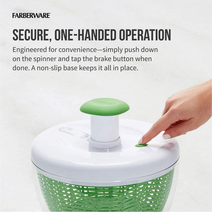 Farberware Easy to use pro Pump Spinner with Bowl, Colander and Built in draining System for Fresh, Crisp, Clean Salad and Produce, Large 6.6 quart, Green