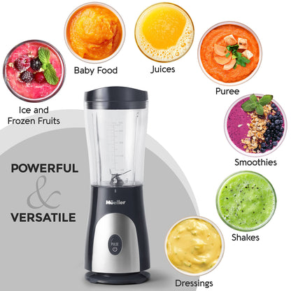 Mueller Personal Blender for Shakes and Smoothies with 15 Oz Travel Cup and Lid, Juices, Baby Food, Heavy-Duty Portable Blender & Food Processor, Grey